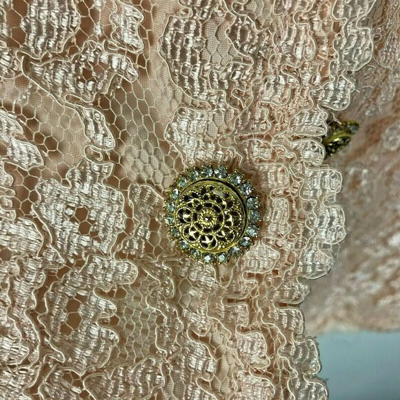 Vintage 1980s Peach Light Orange Lace Blazer Size M L Rhinestone Accent Buttons - Picture 6 of 9